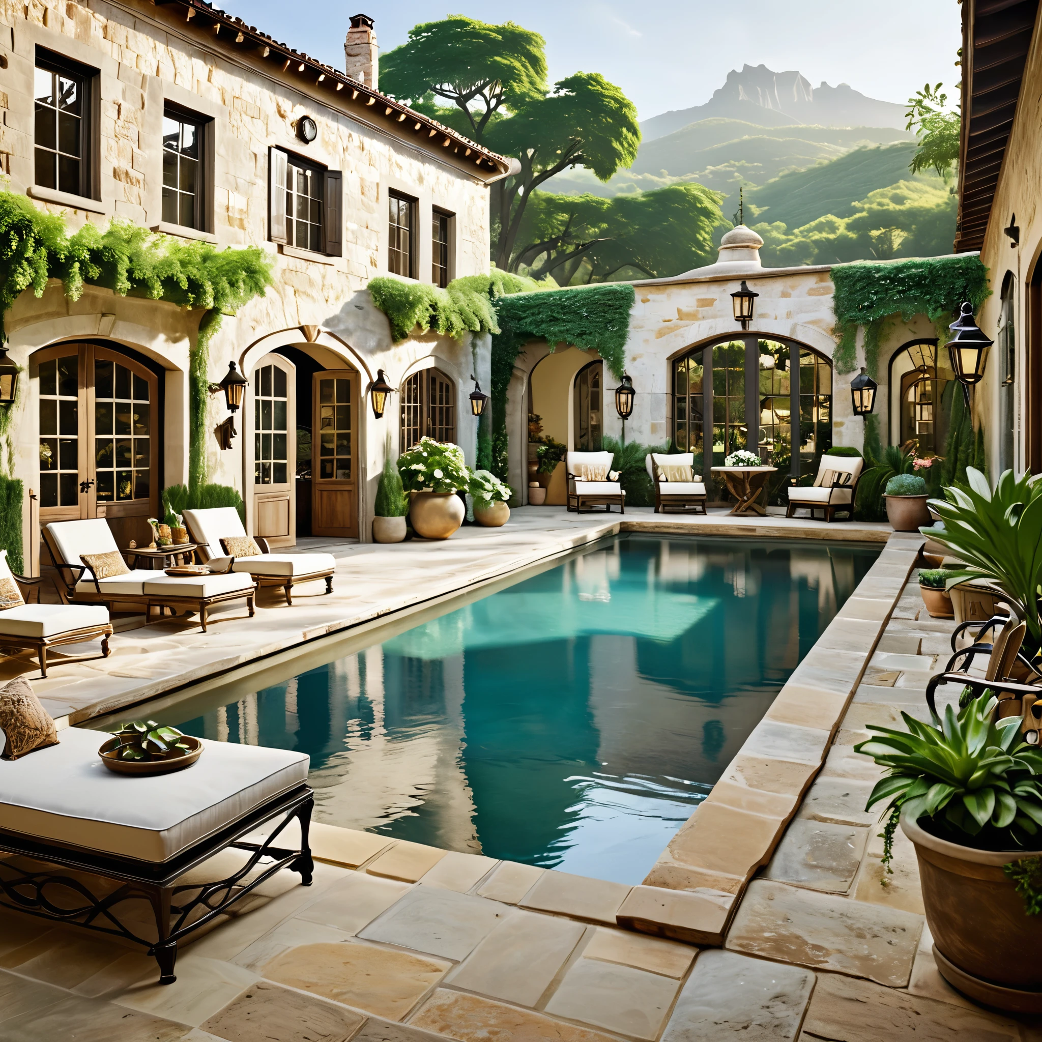 Generate a vintage-inspired courtyard scene featuring a picturesque pool. The courtyard should have weathered stone walls, large wooden doors, and a mix of vintage furniture. Include wrought iron chairs and tables, antique-style lanterns, and an assortment of potted plants. The pool should have a timeless look with clear, reflective water, and the overall atmosphere should be nostalgic and tranquil, with a view of lush greenery and mountains in the background.