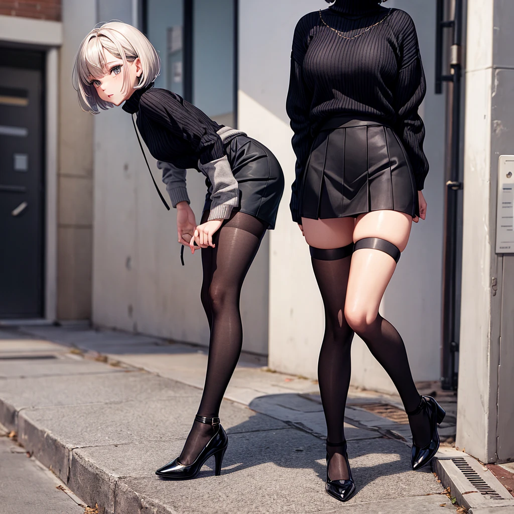 Short Bob，Knitted sweater，mini skirt，black tights，Black heels，Viewer's perspective，Tokyo Night，