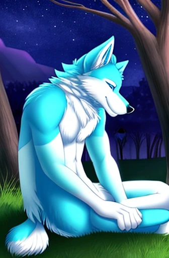 Sad cyan male furry wolf with white fur sitting under a tree 