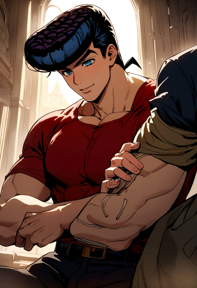 a happy and muscular josuke-like boy with black short hair in a red shirt being pricked by a needle in the arm