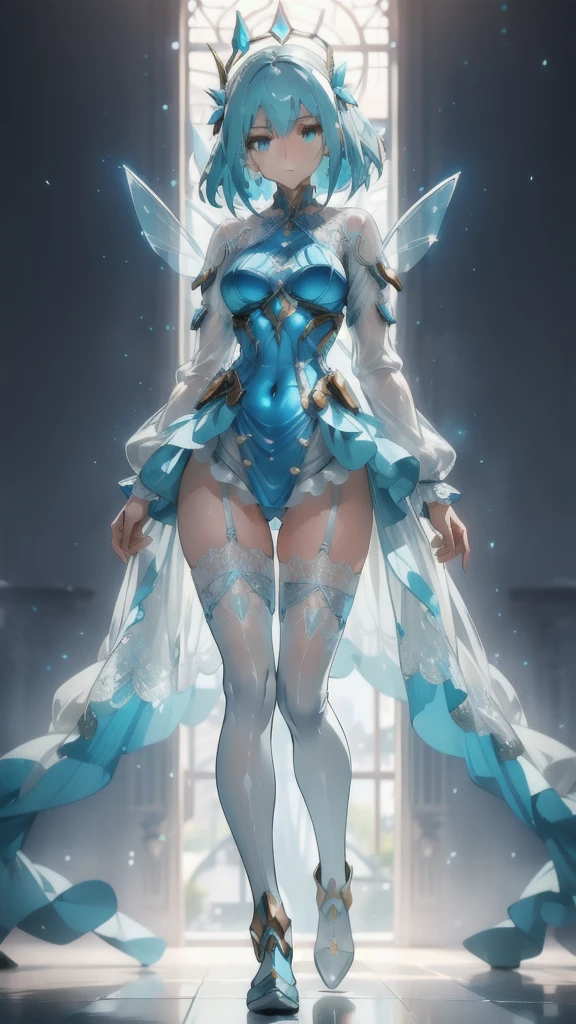 ((masterpiece, best quality)), Delicate face，Cyan futuristic fairy priest in one-piece armor suit，whole body，Standing picture，Long legs，natural breast，Perfect body proportions，Pretty golden eyes，Extremely beautiful，transparent， Pure white background，Erotic_lingerie，sexly_比基尼，Lace，Garter stockings