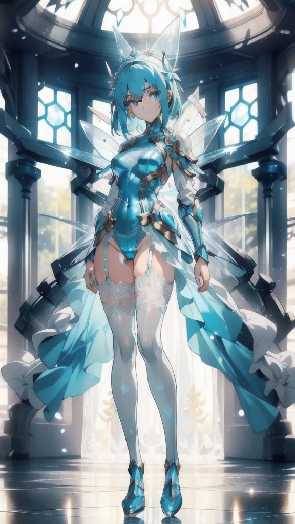((masterpiece, best quality)), Delicate face,Cyan futuristic fairy priest in one-piece armor suit,whole body,Standing picture,Long legs,natural breast,Perfect body proportions,Pretty golden eyes,Extremely beautiful,transparent, Pure white background,Erotic_lingerie,sexly_比基尼,Lace,Garter stockings
