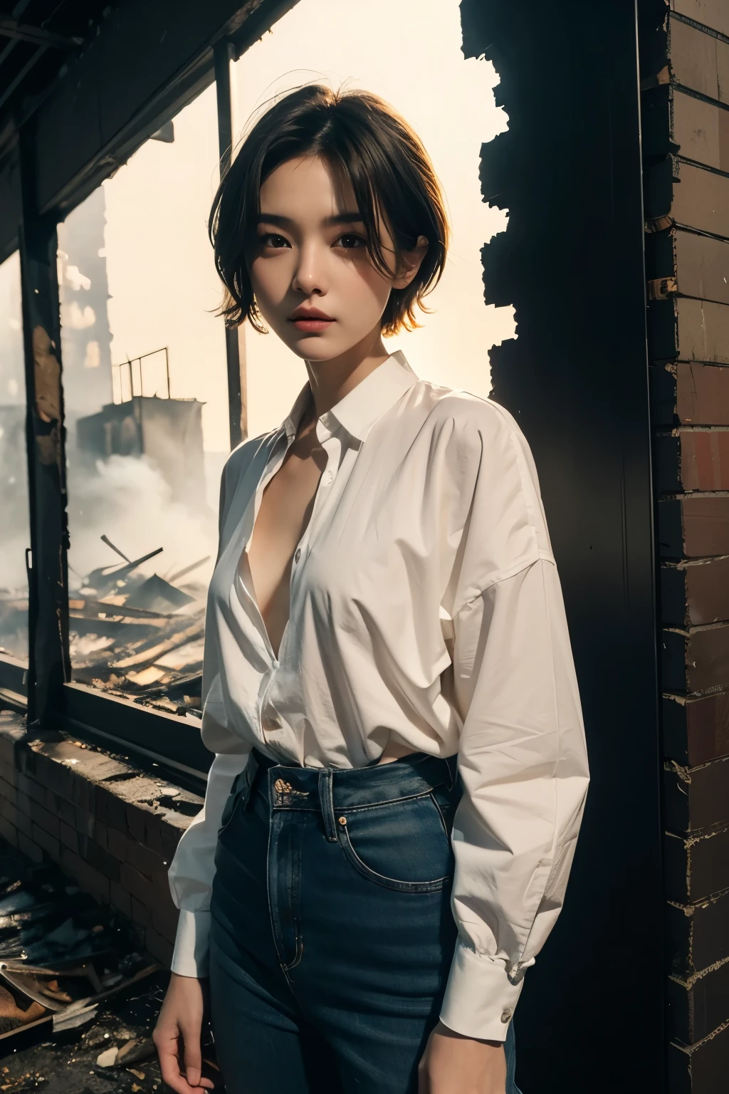 8K, masterpiece, A beautiful woman with short hair standing inside a burning building, Lookbook, 