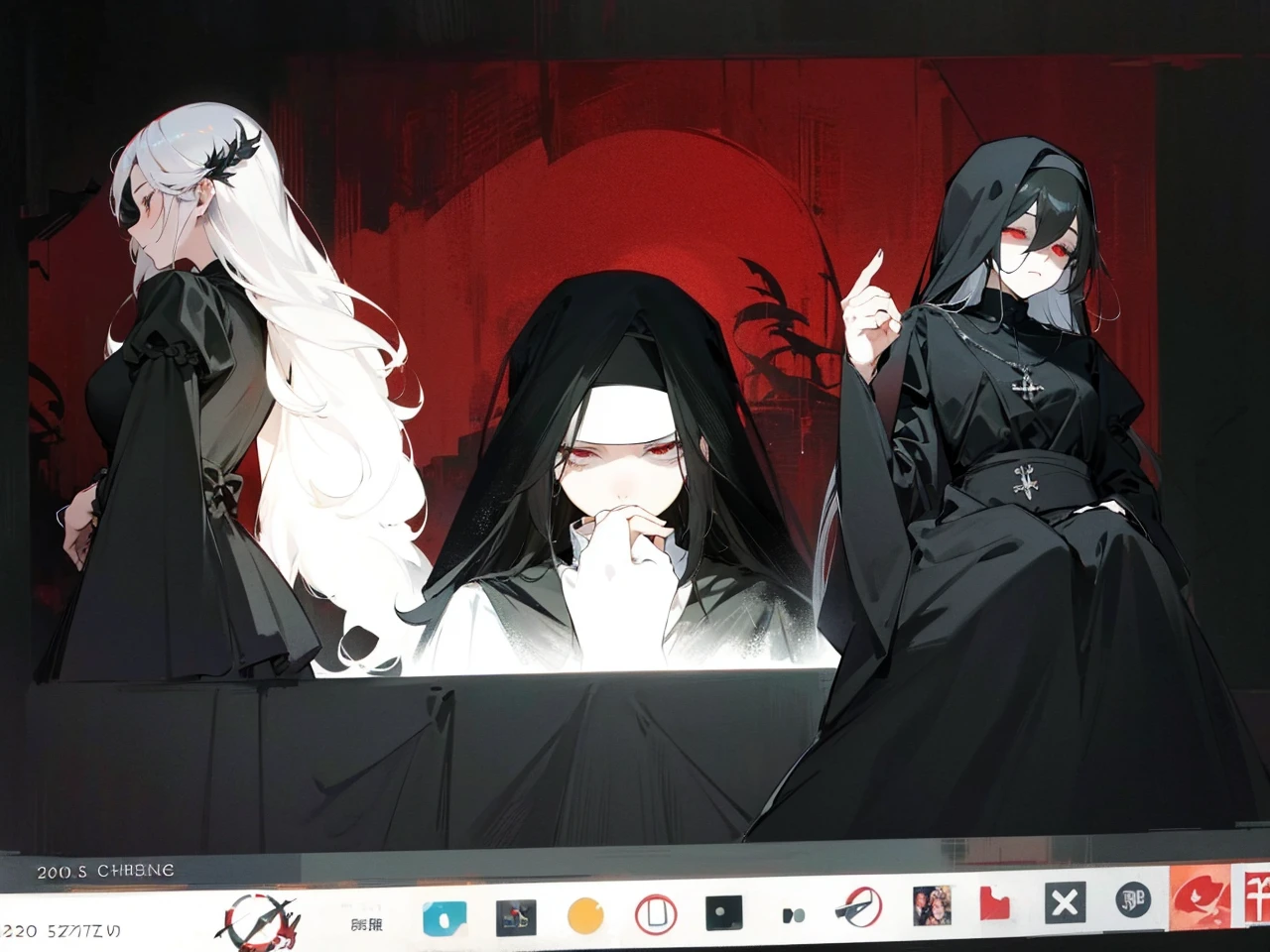 Make an anime poster, has 4 women in it, on the left side a classy dressed beauty with only the colors red and white, has an angelic presence but a demonic personality, she wears a hat on her head and a long mature gown. On the middle, a millitary general with black and white hair, and a blindfold covering her eyes. Behind her in the back, a woman faded in the background, only her eyes red Phoenix can be seen. Finally at the very right side a nun with a blindfold and a church nun fantasy black dress, holding her hands together symbolizing a prayer gesture.