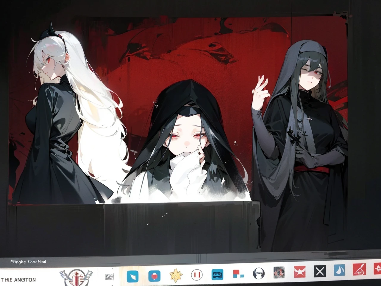 Make an anime poster, has 4 women in it, on the left side a classy dressed beauty with only the colors red and white, has an angelic presence but a demonic personality, she wears a hat on her head and a long mature gown. On the middle, a millitary general with black and white hair, and a blindfold covering her eyes. Behind her in the back, a woman faded in the background, only her eyes red Phoenix can be seen. Finally at the very right side a nun with a blindfold and a church nun fantasy black dress, holding her hands together symbolizing a prayer gesture.
