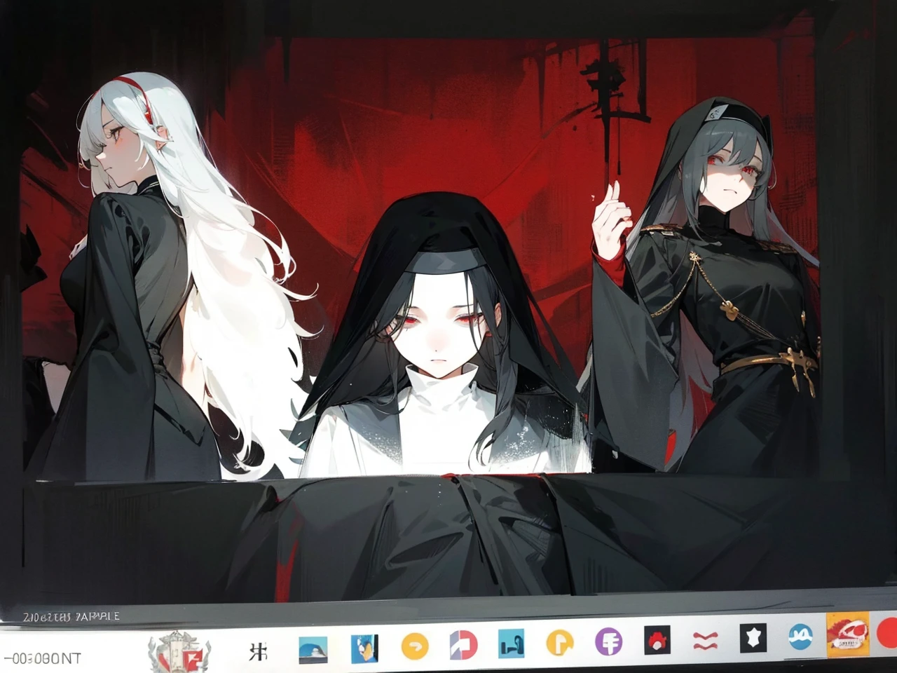 Make an anime poster, has 4 women in it, on the left side a classy dressed beauty with only the colors red and white, has an angelic presence but a demonic personality, she wears a hat on her head and a long mature gown. On the middle, a millitary general with black and white hair, and a blindfold covering her eyes. Behind her in the back, a woman faded in the background, only her eyes red Phoenix can be seen. Finally at the very right side a nun with a blindfold and a church nun fantasy black dress, holding her hands together symbolizing a prayer gesture.