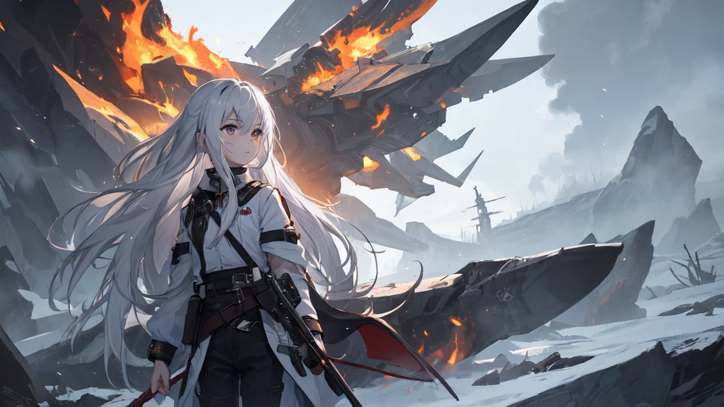 masterpiece:1.2), best quality , 独奏 ,pixiv, anime girl ，long straight white hair , black eyes ,Wearing off-white camouflage uniform ,ten years old，modern battlefield，(Eyes looking into the distance:1.3)，(look away:1.5)，snowy weather，dirty face，The background is a sea of fire with blood on the forehead，dirty face，Backlight，Bare rocky peaks ,Fierce flames are burning，The expression is sad，bullets flying，leave tears