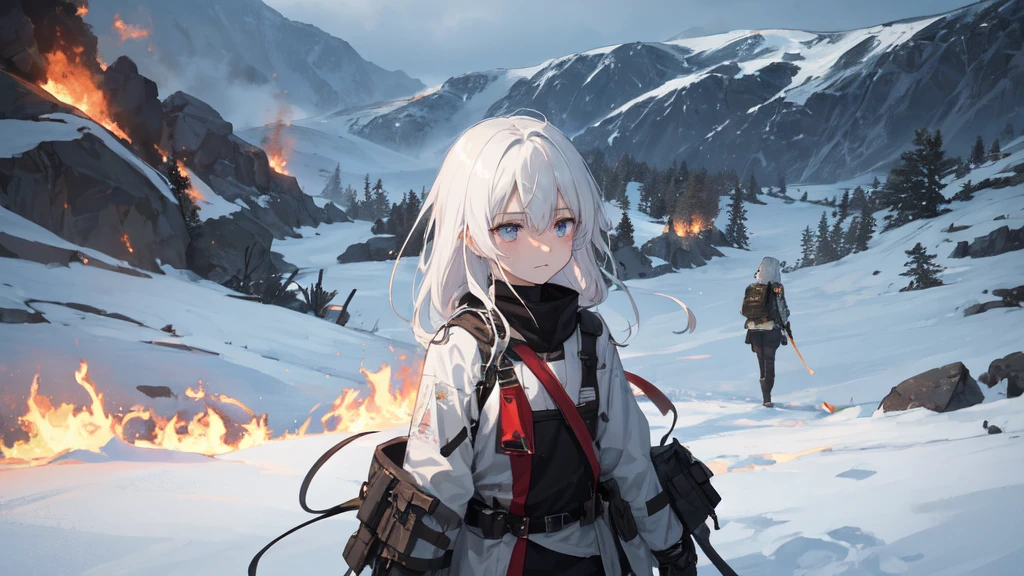 masterpiece:1.2), best quality , 独奏 ,pixiv, anime girl ，long straight white hair , black eyes ,Wearing off-white camouflage uniform ,ten years old，modern battlefield，(Eyes looking into the distance:1.3)，(look away:1.5)，snowy weather，dirty face，The background is a sea of fire with blood on the forehead，dirty face，Backlight，Bare rocky peaks ,Fierce flames are burning，The expression is sad，bullets flying，leave tears