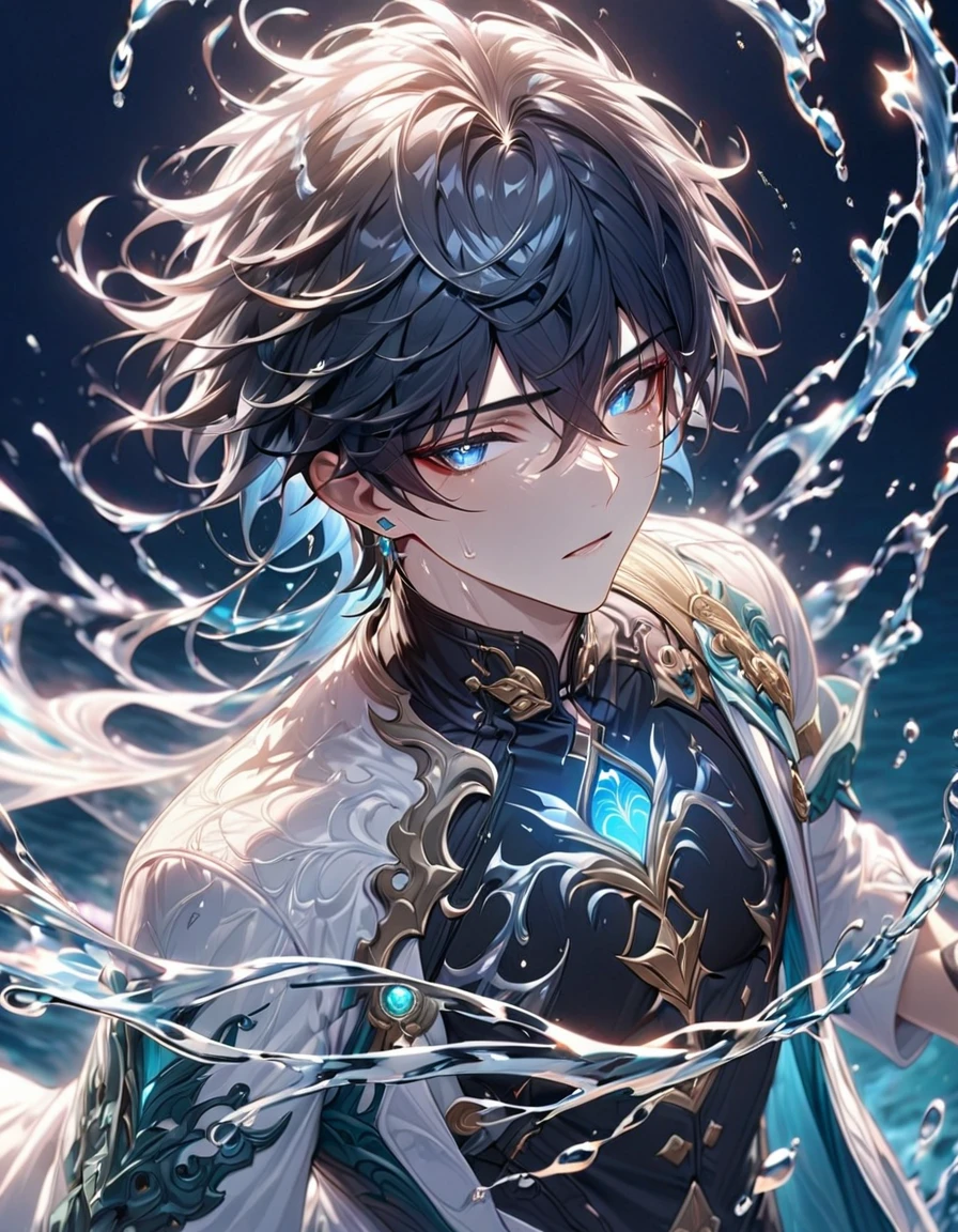 absurdres, highres, ultra detailed, HDR, master piece, best quality, Dan Heng, black hair, expressive blue eyes, Honkai Star Rail, solo, sexy man, handsome, black clothes, white coat, water, magic, fantasy, radiant, magical, water elemental, blue moon