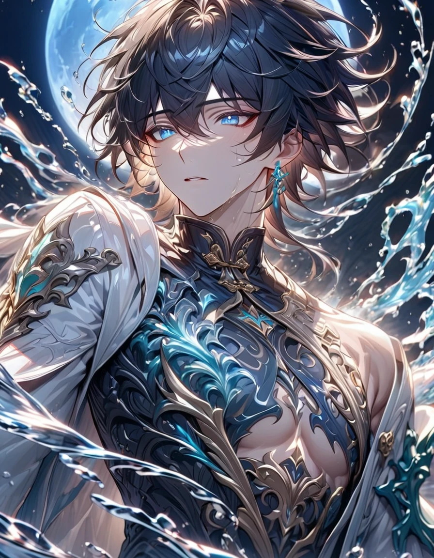absurdres, highres, ultra detailed, HDR, master piece, best quality, Dan Heng, black hair, expressive blue eyes, Honkai Star Rail, solo, sexy man, handsome, black clothes, white coat, water, magic, fantasy, radiant, magical, water elemental, blue moon