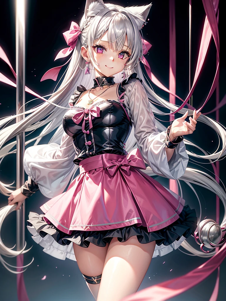 Silver hair, pink eyes, body, cat ears, sexy girl, earrings, kawaii background, hair bows, mitsuri, blouse, skirt uniform, bells necklace, happy face, thigh up, Professional photo
