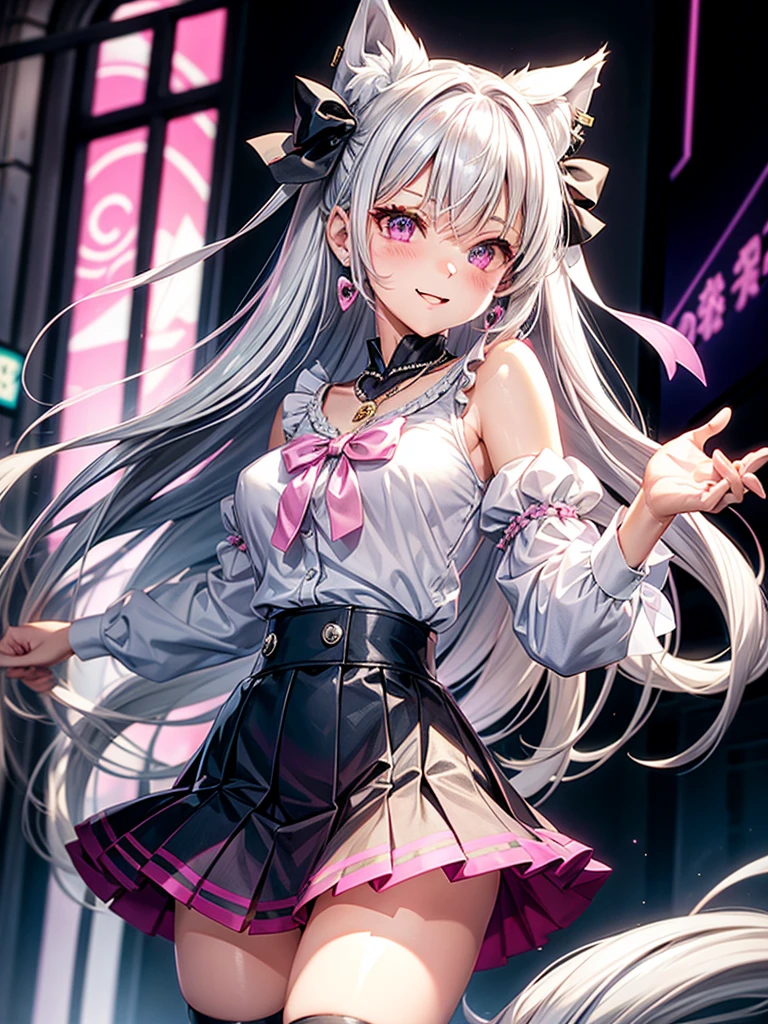 Silver hair, pink eyes, body, cat ears, sexy girl, earrings, kawaii background, hair bows, happy face, thigh up, Professional photo, blouse