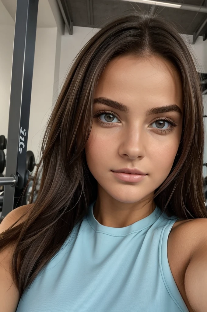 ((best quality)), ((masterpiece)), (detailed), beau visage fille, asymmetrical nose, seulement la victoire, gros plan selfie d’une belle brune sur une salle de sport portant une tenue de gym, closeup on face, grain de beauté sur la joue gauche