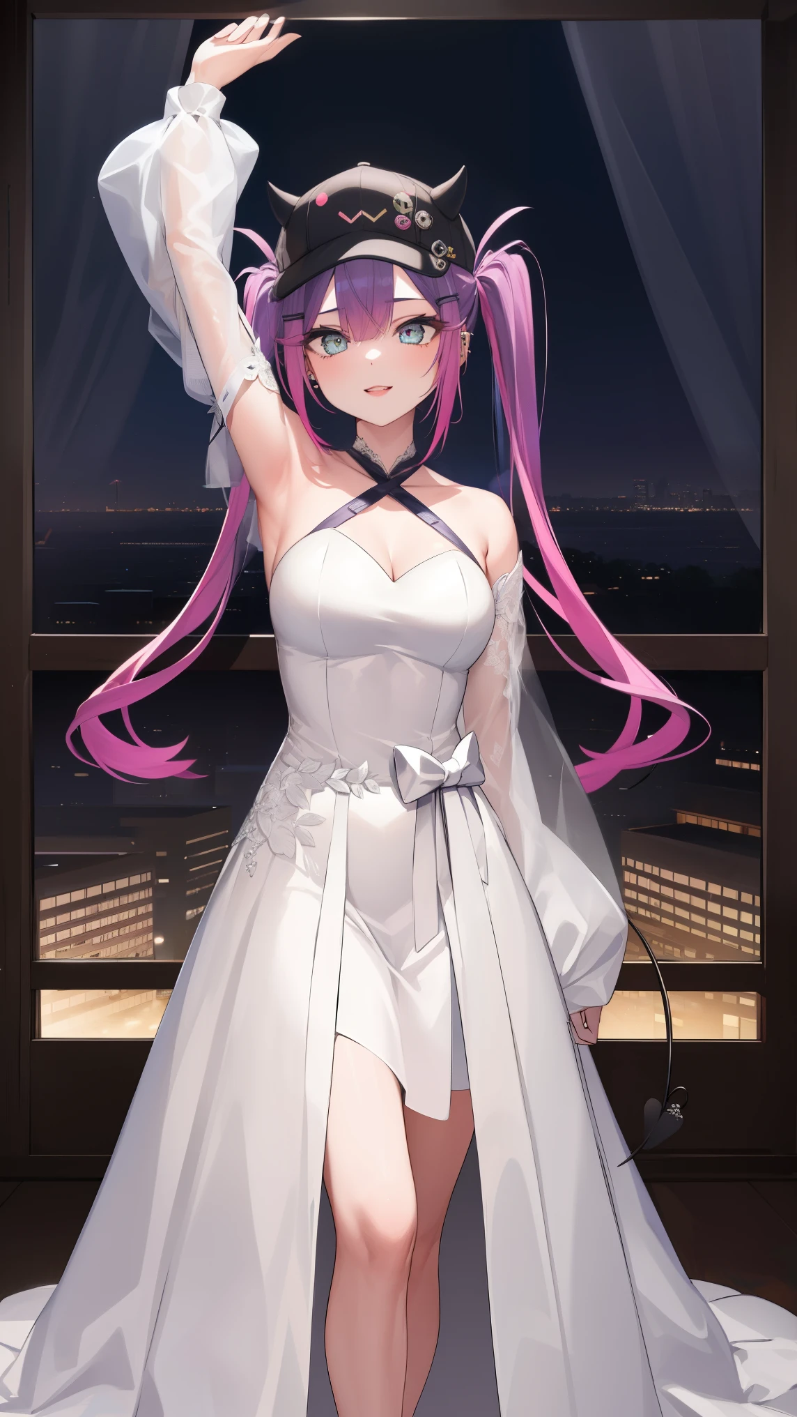 aatowa, long hair, twintails, black headwear, baseball cap, fake horns, hairclip, piercing, demon tail,
BREAK (transparent tulle wedding dress with long sleeve and long tail:1.2),
BREAK (Night:1.7), Japan, cyberpunk, CityView, Before Window, Standing at attention,armpits,arm up, expressive eyes,seductive smile, looking at viewer, NSFW,(Full_body),
BREAK (masterpiece:1.2), best quality, high resolution,NSW ,unity 8k wallpaper, (illustration:0.8), (beautiful detailed eyes:1.6), extremely detailed face, perfect lighting, extremely detailed CG, (perfect hands, perfect anatomy),