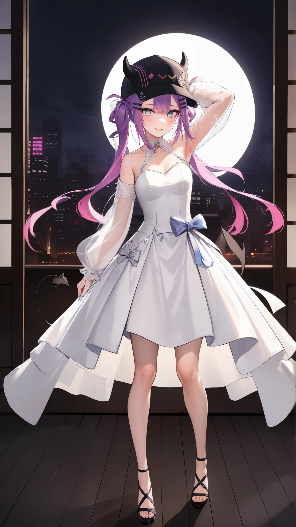 aatowa, long hair, twintails, black headwear, baseball cap, fake horns, hairclip, piercing, demon tail,
BREAK (transparent tulle wedding dress with long sleeve and long tail:1.2),
BREAK (Night:1.7), Japan, cyberpunk, CityView, Before Window, Standing at attention,armpits,arm up, expressive eyes,seductive smile, looking at viewer, NSFW,(Full_body),
BREAK (masterpiece:1.2), best quality, high resolution,NSW ,unity 8k wallpaper, (illustration:0.8), (beautiful detailed eyes:1.6), extremely detailed face, perfect lighting, extremely detailed CG, (perfect hands, perfect anatomy),
