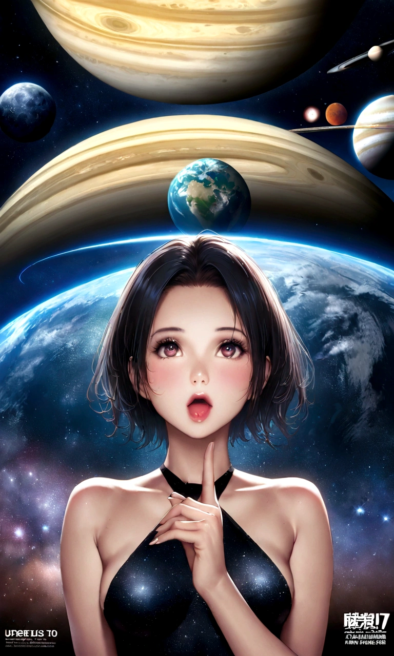 famous magazine、geographic magazine、A Goddess Bigger Than a Small Earth、Neat、Pure white long dress、Hold the Earth in your hand and bring it close to your mouth、to kiss、universe space、Sexy pose、Small breasts、Realistic、Magazine Cover、anime、リアルanimeスタイル、short hair、Black Hair、Cute woman、Beauty、model、Portrait、Steamy、steam、Japanese、Milky Way、nebula、Mars、Saturn、moon、Spectacular atmosphere、animeキャラクターのポスター