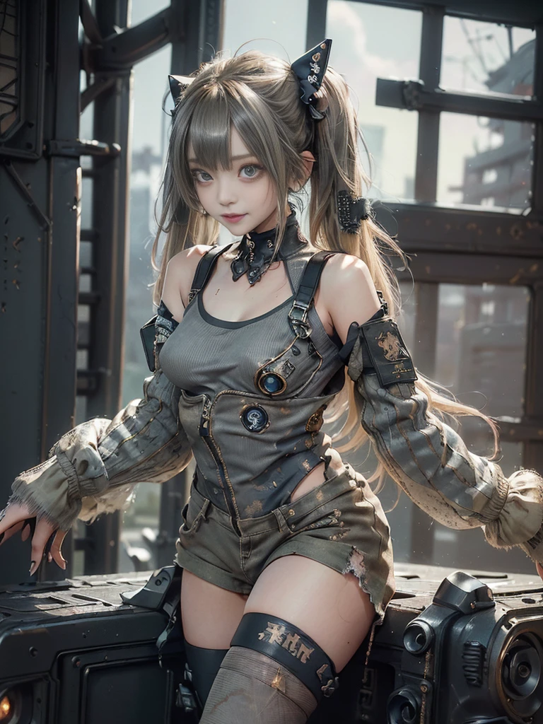 (Full Body View:1.5)、(Side view:1.1)、(Please smile with your teeth showing:1.3),(Shibuya Gal:1.5)、(Gothic Lolita style fashion:1.5)、(Tattered khaki and gray futuristic micro high leg bodysuit:1.5)、(Tattered Khakis and White Micro Fancy Sleeves:1.5)、(Tattered khaki micro shorts:1.5)、(Brown and khaki knee socks:1.3)、(camouflage:1.3)、(Military jacket:1.4)、Brown boots、Khaki gloves、internal、(The underwear is striped:1.4)、23 years old、(do a gravure pose:1.3)、((Highest quality、8K、masterpiece:1.3))、One girl、The beauty of slim abs:1.3、(Hairstyle Casual、Big Tits:1.1)、dress:1.1、Super small face、Narrow eyes、double eyelid、Laughter、Esbian all over、Dynamic Angle、Close-up、CPL Filter、Blurred Background、Bokeh、Blue Hour、Detailed face and skin texture、Detailed Eyes,(Twin tails:1.3)、(Brown-golden hair:1.4)、Gravure idol pose、(The background is the cockpit of the battlefield:1.3)、(The body is slim:1.2),(Slim legs:1.4),(clavicle:1.1)