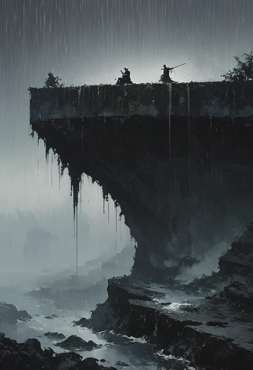 A simple one,Minimalist illustration, 1 把红色rain伞悬在空中,红色rain伞，rain伞上的流苏,Figure falling off a cliff,On the edge of a cliff,bridge，rain
