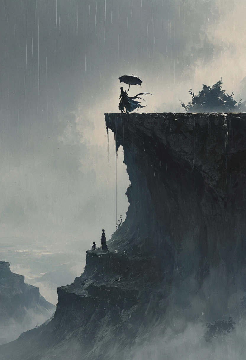 A simple one,Minimalist illustration, 1 把红色rain伞悬在空中,红色rain伞，rain伞上的流苏,Figure falling off a cliff,On the edge of a cliff,bridge，rain