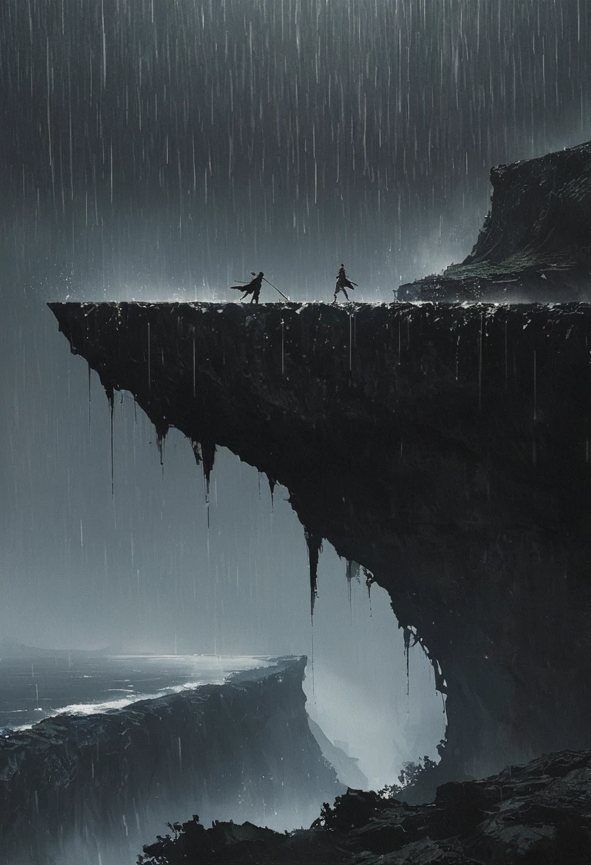 A simple one,Minimalist illustration, 1 把红色rain伞悬在空中,红色rain伞,rain伞上的流苏,Figure falling off a cliff,On the edge of a cliff,bridge,rain