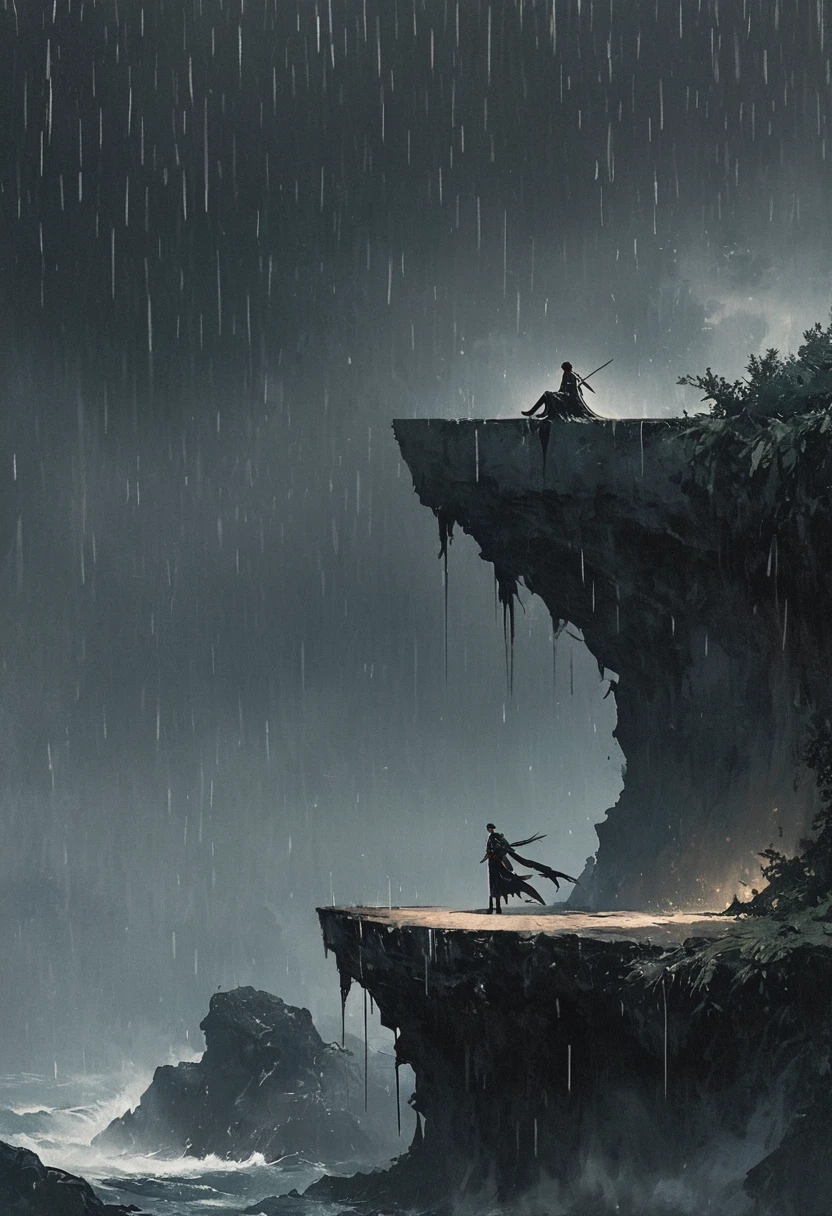 A simple one,Minimalist illustration, 1 把红色rain伞悬在空中,红色rain伞,rain伞上的流苏,Figure falling off a cliff,On the edge of a cliff,bridge,rain