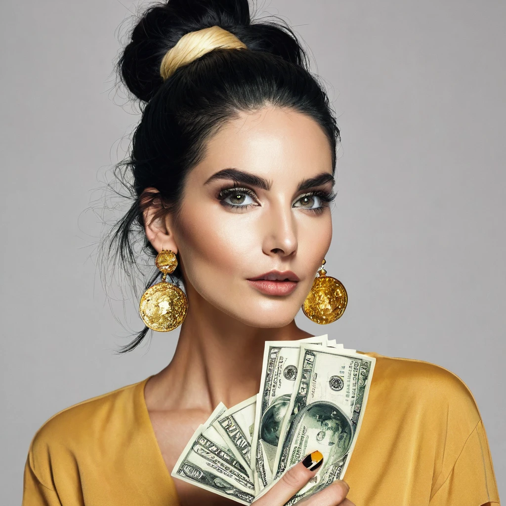 stubble facial hair white woman, big nose, makeup, black hair tied back, wears huge shaggy, thick and neat beard, black eyes, seductive and proud look, big golden earrings, holds dollar bills