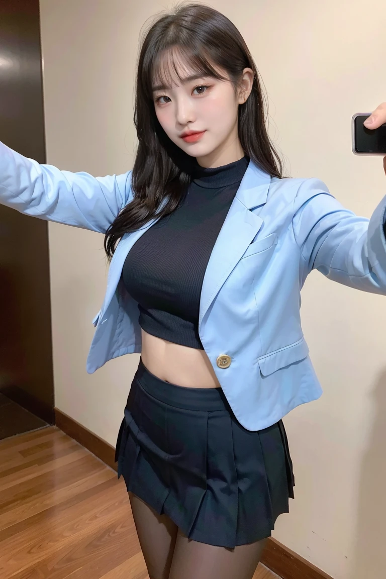 (8k), (highest quality: 1.2), (Realistic), (Realistic: 1.37), Ultra-high resolution, 1 girl, cute, smile, Mouth closed, Beautiful details, Beautiful Nose, whole body, Wet Hair, Giant Dulcefo, pork, Thighs,Selfie,Navel exposed,University Student Uniform,A simple blazer,Pleated skirt,Platform boots,Are standing, natural pantyhose