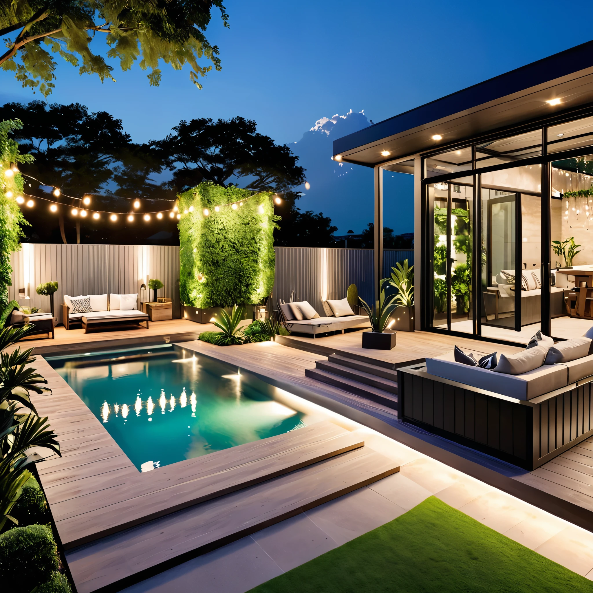 Create a luxurious and modern outdoor space with a sleek swimming pool. The setting should feature a container home with a stylish, industrial design. Include string lights for a cozy ambiance, comfortable outdoor seating with modern chairs and a table, and lush greenery around the area. The pool should have clear, illuminated water with modern lighting, creating a sophisticated and inviting atmosphere.