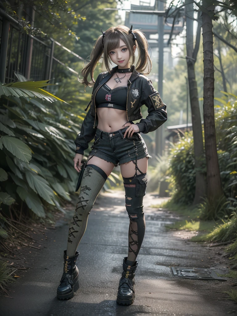 (Hostess:1.3)、(Smiling with teeth showing:1.3),(Shibuya Gal:1.5)、(Landmine Girl:1.4)、(ta Fashion:1.5)、(Punk RockVisual Kei:1.4)、(A modern short jacket in dark grey and moss green.:1.5)、(Tattered brown and charcoal denim low rise cargo pants:1.5)、(Mustard Yellow Headband:1.3)、(Charcoal and khaki striped knee socks:1.4)、collar、(Brown platform long boots)、(Clothing with logo pattern:1.4)、20-year-old、Browsing Caution,((Highest quality、In 8K、masterpiece:1.3))、Sharp focus:1.2、(Layered Cut、Huge breasts:1.1),Beautiful woman with perfect figure:1.4、(Doing an aerobics pose:1.3)、Slim Abs:1.2、Butt、Highly detailed face and skin texture、Fine grain、double eyelid,(Twin tails:1.3)、(Brownish golden hair:1.3)、Obscene、Idol Sculpture、(The landscape is a beautiful temple of water and forest:1.3)、(Slimming your legs:1.4)、(The body is slim:1.3)、(clavicle:1.1)
