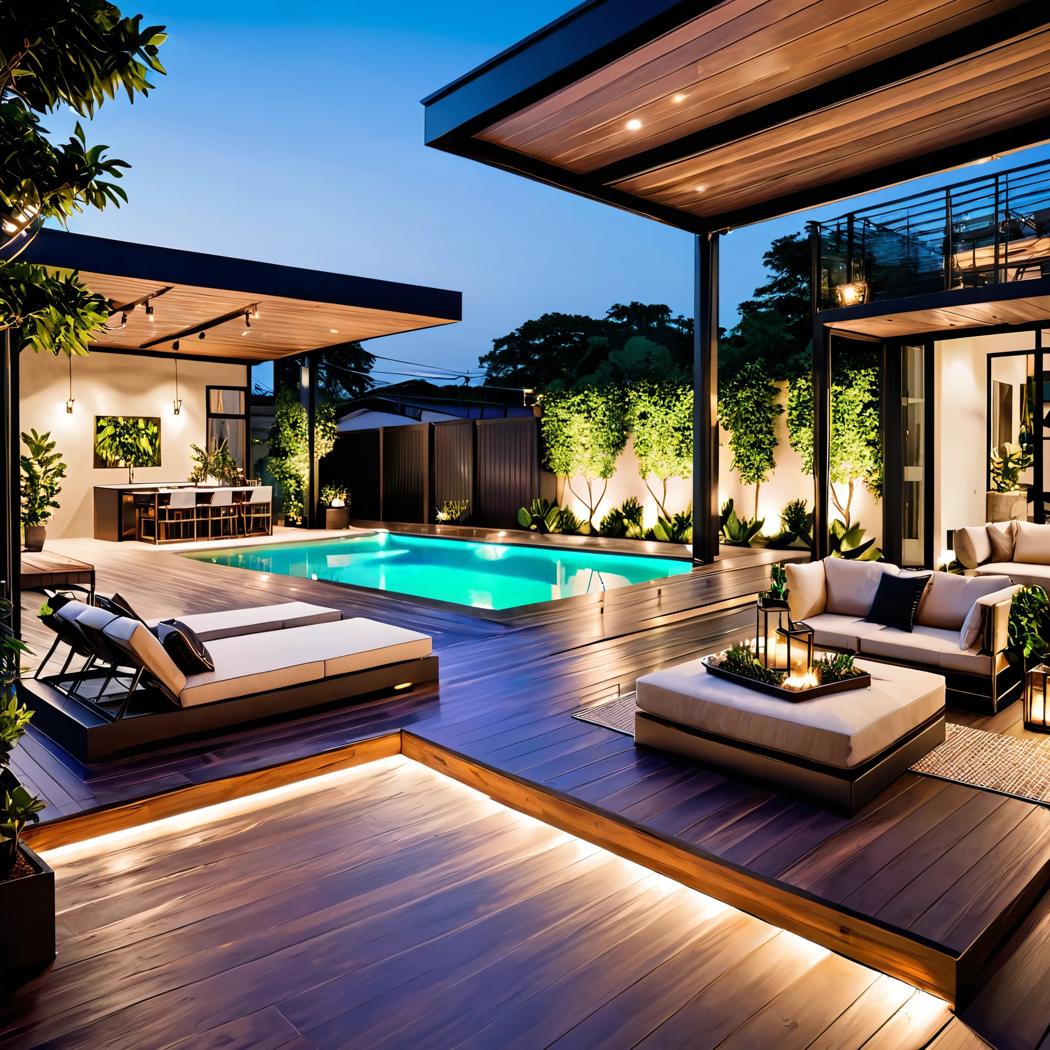 Create a luxurious and modern outdoor space with a sleek swimming pool. The setting should feature a container home with a stylish, industrial design. Include string lights for a cozy ambiance, comfortable outdoor seating with modern chairs and a table, and lush greenery around the area. The pool should have clear, illuminated water with modern lighting, creating a sophisticated and inviting atmosphere.