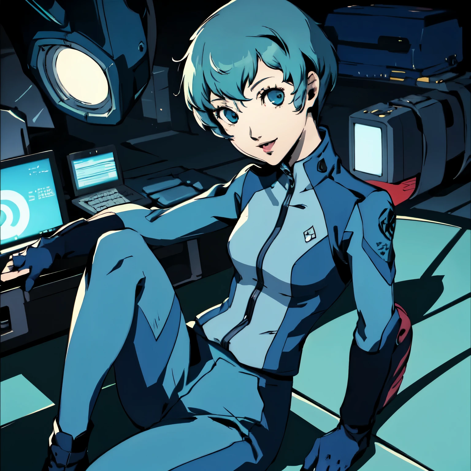 ((P3 Yamagishi Fuuka)),masterpiece, ((best quality)),((1 girl)), blue eyes, light aqua hair, female , tomboy Pixie haircut, deep blue suit,smiling,hacker,in the,dark room,sitting,looking monitor,long skirt,sexy,