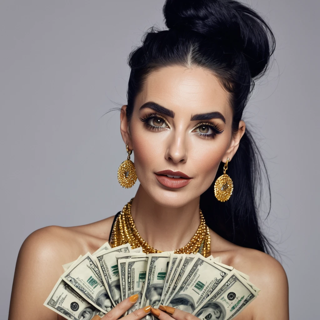 stubble facial hair white woman, big nose, makeup, black hair tied back, wears huge shaggy, thick and neat beard, black eyes, seductive and proud look, big golden earrings, holds dollar bills