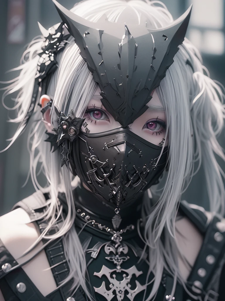 Highest quality、8K、masterpiece：1.3、Gothic Punk、The inside color is red、Black-haired、hair ornaments、Beautiful girl、creative、Dark Fantasy Style、Neogoth、Goth Fashion：1.2、High resolution、masterpiece、Highest quality、頭w:1.3、((Hasselblad Photos))、Fine skin、Sharp focus、(Cinematic lighting)、Realistic textured hair、((Black Mask)),Esbian all over、((View from below))
