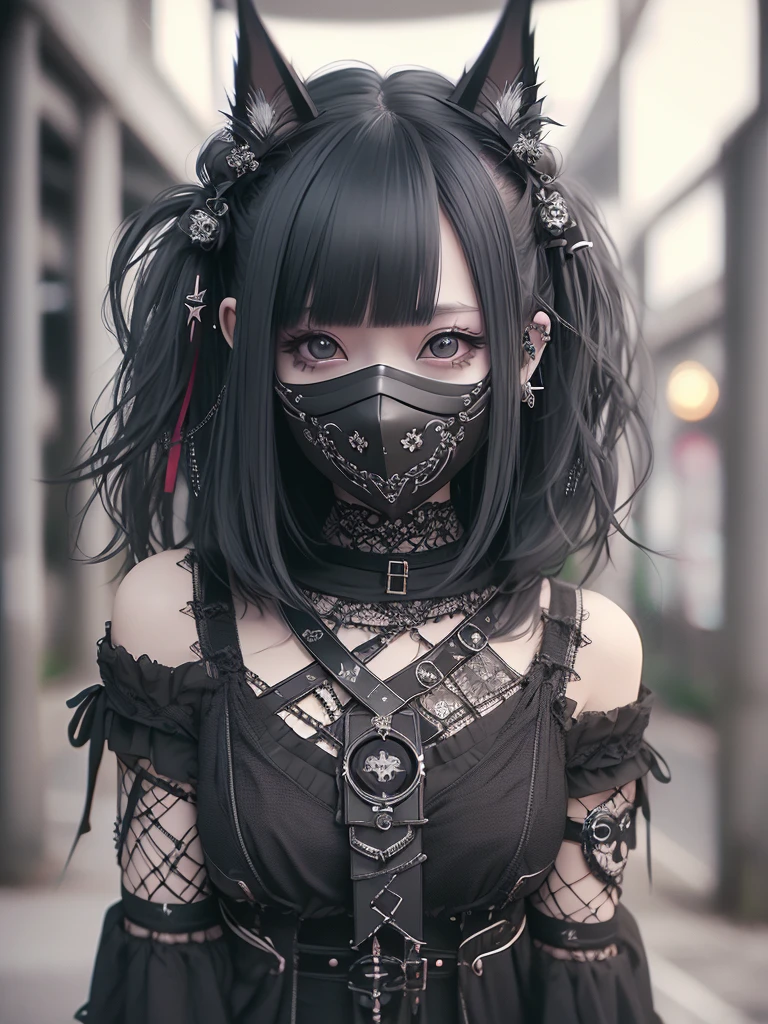 Highest quality、8K、masterpiece：1.3、Gothic Punk、The inside color is red、Black-haired、hair ornaments、Beautiful girl、creative、Dark Fantasy Style、Neogoth、Goth Fashion：1.2、High resolution、masterpiece、Highest quality、頭w:1.3、((Hasselblad Photos))、Fine skin、Sharp focus、(Cinematic lighting)、Realistic textured hair、((Black Mask)),Esbian all over、((View from below))