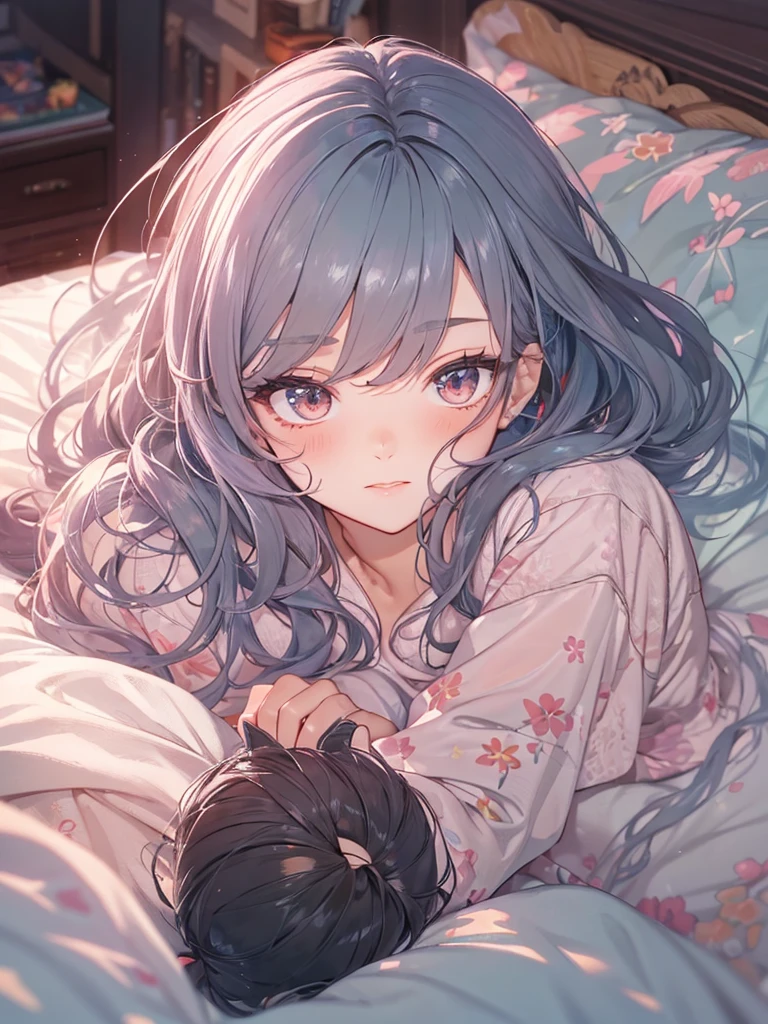 1 girl, long hair, black hair, straight hair, short bangs above brows, half closed eyes, blue eyes, tareme, lying on stomach, 
BREAK (masterpiece), (high resolution 8K), cinematic lighting, professional lighting, detailed eyes and face, detailed body, 
BREAK pajamas, 
BREAK indoors, bedroom, pillow, doll, 