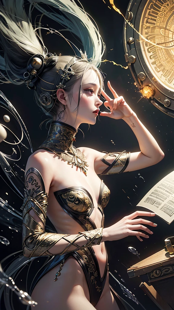 official art, unity 8k wallpaper, ultra detailed, beautiful and aesthetic, masterpiece, best quality, (zentangle, mandala, tangle, entangle), (Fractal Art:1.3) , 1girl, extremely detailed, dynamic angle, cowboyshot, the most beautiful form of chaos, elegant, a brutalist designed, vivid colours, romanticism, by james jean, roby dwi antono, ross tran, francis bacon, michal mraz, adrian ghenie, petra cortright, gerhard richter, takato yamamoto, ashley wood, atmospheric, ecstasy of musical notes, streaming musical notes visible 金色