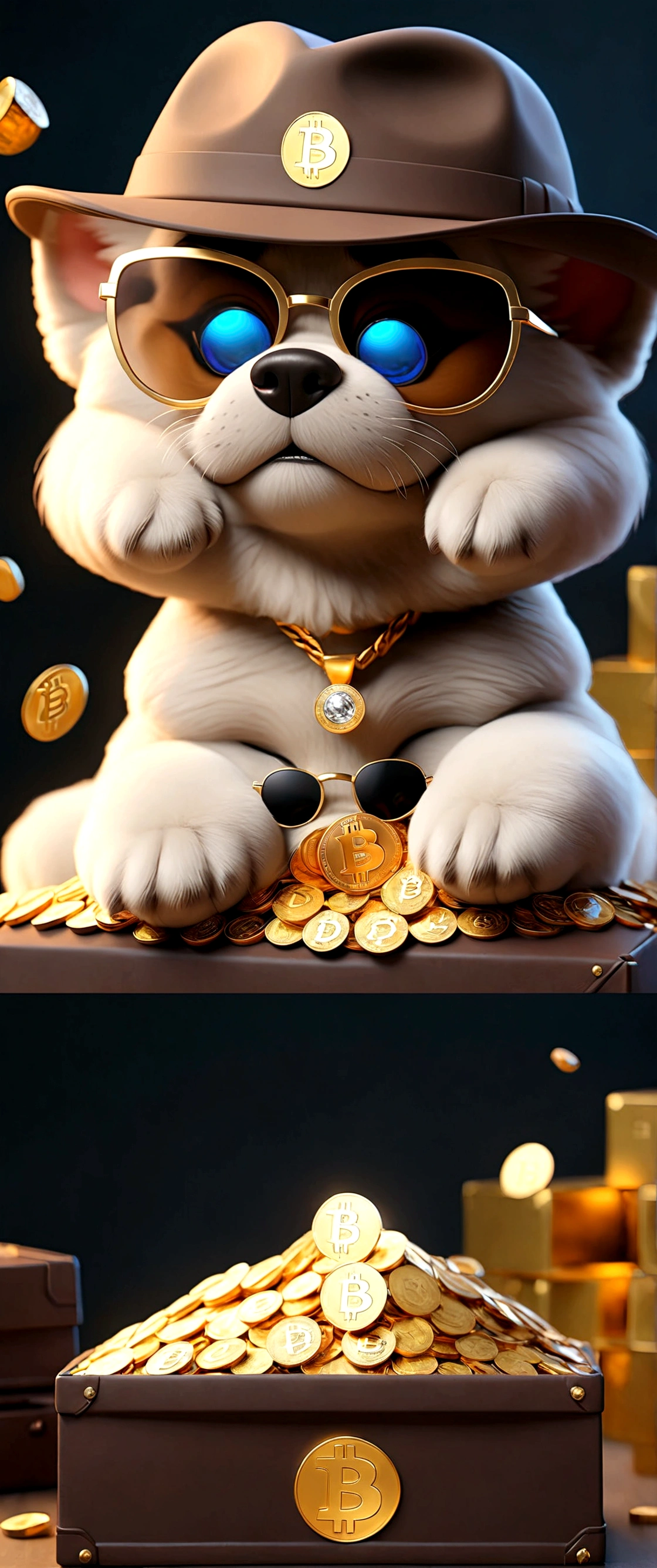 ,Cute puppy、Bitcoin、Cryptocurrency、rich、sunglasses、hat、hatのロゴに「D」It says in large letters:、Dynamic Jumps、Real、photograph、8K、cigar(((Too big diamond 1：9)))、Riding on a big diamond、Gold bars covering the entire wall、Jewels overflowing from a treasure chest(((D mark)))