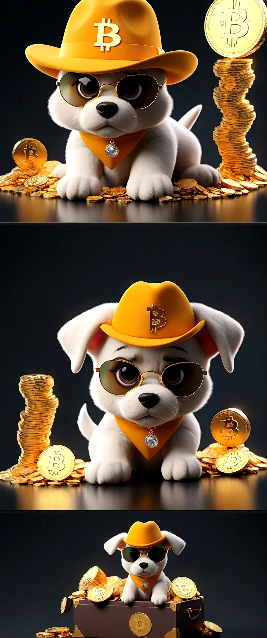 ,Cute puppy、Bitcoin、Cryptocurrency、rich、sunglasses、hat、hatのロゴに「D」It says in large letters:、Dynamic Jumps、Real、photograph、8K、cigar(((Too big diamond 1:9)))、Riding on a big diamond、Gold bars covering the entire wall、Jewels overflowing from a treasure chest(((D mark)))
