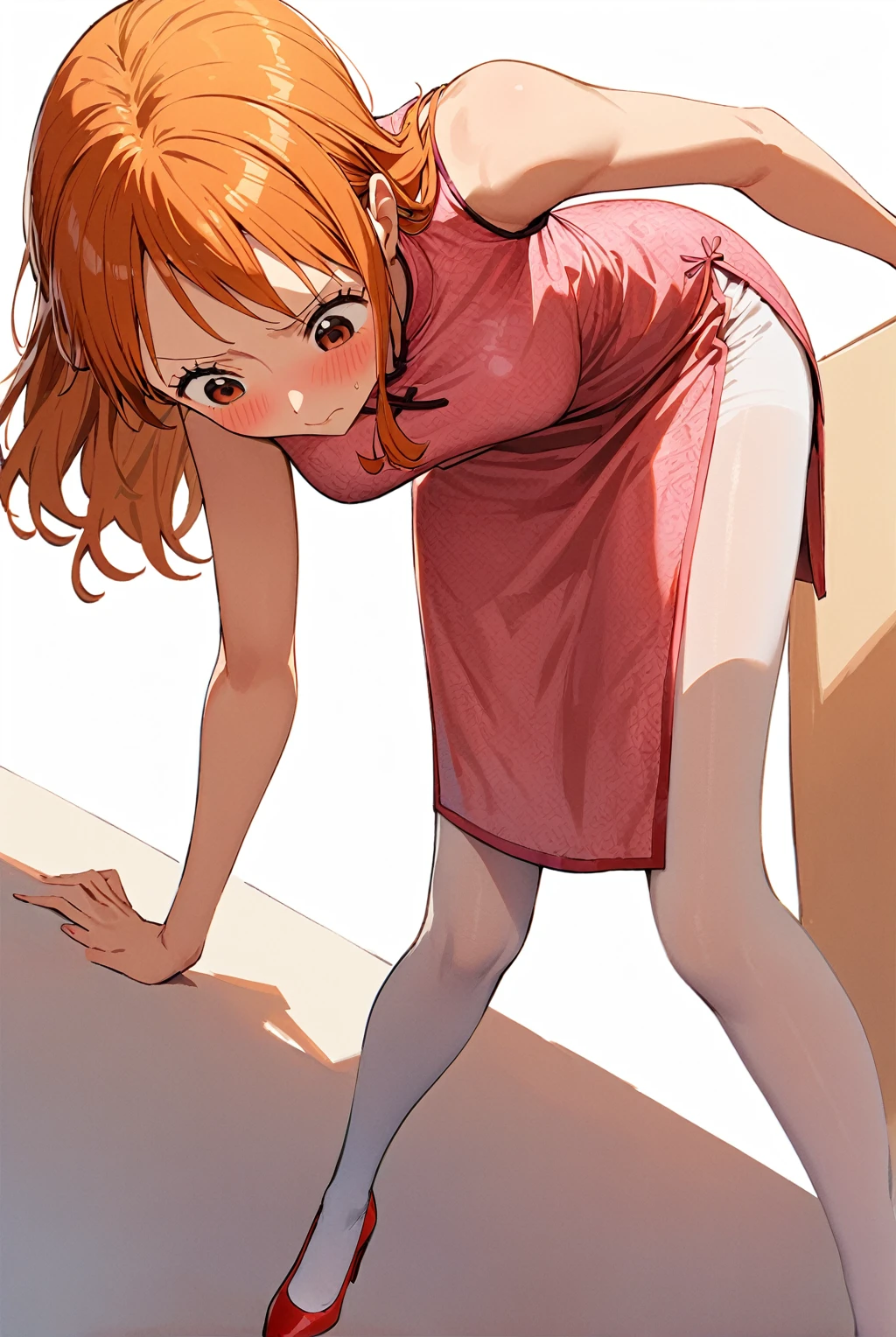 Nami, Nami One Piece, 1girl, solo, shy expression, blushing, pink cheongsam, white pantyhose, high heels, red soles, looking up from a low angle, the character leans forward, eyes looking down, which increases the dynamics of the picture, girl body Lean forward, right hand in front, left leg slightly bent, right leg straight, highlighting the lines of the legs and details of the high heels, leaning forward, low angle shot, top view, perspective on the heel, office environment, white background, high resolution  high resolution, high detail, high brightness, complex shadows, textured texture, smooth transitions