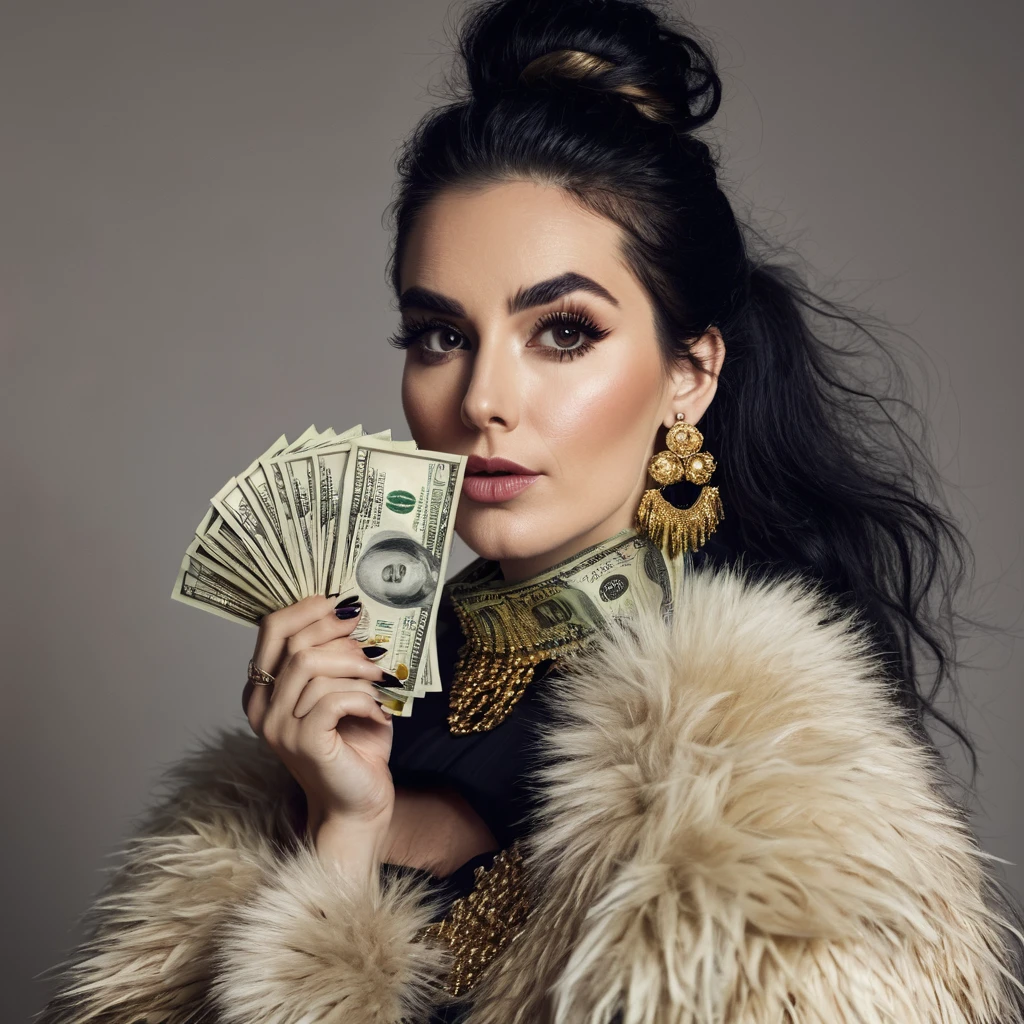 white woman beard fluff, big nose, makeup, black hair tied back, wears huge shaggy, thick and neat beard, black eyes, seductive and proud look, large golden earrings, holds dollar bills