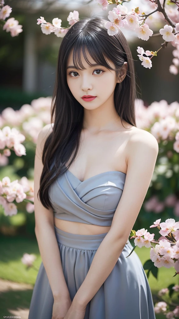 (Girl:1.5),race,ribbon,(masterpiece, Side Lighting, Beautiful detailed grey eyes: 1.2), Mid-chest, Realistic, Glowing Eyes,Shiny Hair,Black Hair,Long, long hair, Shiny skin, alone, Embarrassing,Strapless,Exquisite,beautifully,garden,Flowers,Fluttering petals, barefoot, Cherry Blossom, Cinematic Light, Structure of the film, Rich Expressions