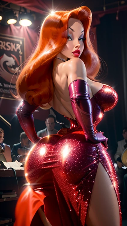 Gina Carano as Jessica Rabbit, Masterpiece, Perfect Body, toned athletic body, hd, full detailed, jessica rabbit, sideless red dress, (glitter dress), purple sleeve gloves, dark orange hair, detailed eyes, perfect eyes, ultrarealistic green eyes, ultrarealistic heavily oiled shiny skin, pink eye make up, ultrarealistic red lipstick, cleavage, seductive look, seductive pose, looking at viewer, cameltoe, on stage, upskirt, round ass, sharp focus on back view