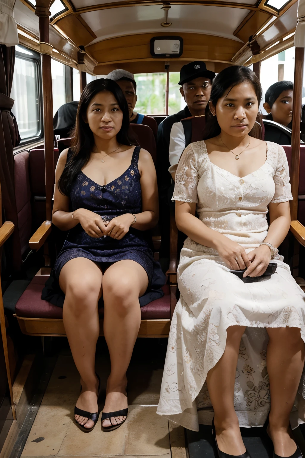 4 people ride in a carriage, father , mother, kakak laki laki, younger brother