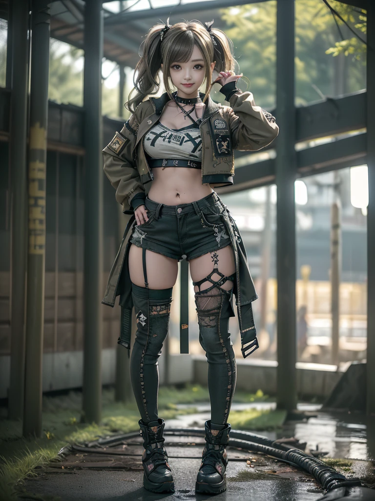 (Hostess:1.3)、(Smiling with teeth showing:1.3),(Shibuya Gal:1.5)、(Landmine Girl:1.4)、(Lolita Fashion:1.5)、(Punk RockVisual Kei:1.4)、(A modern short jacket in dark grey and moss green.:1.5)、(Tattered brown and charcoal denim low rise cargo pants:1.5)、(Mustard Yellow Headband:1.3)、(Charcoal and khaki striped knee socks:1.4)、collar、(Brown platform long boots)、(Clothing with logo pattern:1.4)、20-year-old、Browsing Caution,((Highest quality、In 8K、masterpiece:1.3))、Sharp focus:1.2、(Layered Cut、Huge breasts:1.1),Beautiful woman with perfect figure:1.4、(Doing an aerobics pose:1.3)、Slim Abs:1.2、Butt、Highly detailed face and skin texture、Fine grain、double eyelid,(Twin tails:1.3)、(Brownish golden hair:1.3)、Obscene、Idol Sculpture、(The landscape is a beautiful temple of water and forest:1.3)、(Slimming your legs:1.4)、(The body is slim:1.3)、(clavicle:1.1)