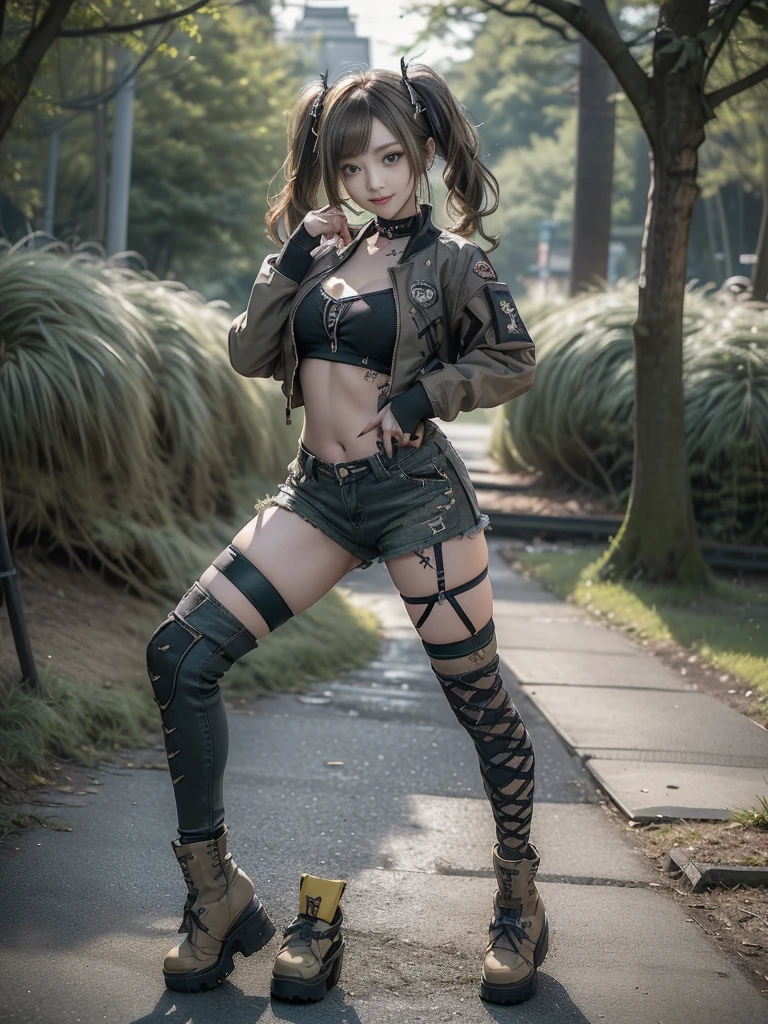 (Hostess:1.3)、(Smiling with teeth showing:1.3),(Shibuya Gal:1.5)、(Landmine Girl:1.4)、(ta Fashion:1.5)、(Punk RockVisual Kei:1.4)、(A modern short jacket in dark grey and moss green.:1.5)、(Tattered brown and charcoal denim low rise cargo pants:1.5)、(Mustard Yellow Headband:1.3)、(Charcoal and khaki striped knee socks:1.4)、collar、(Brown platform long boots)、(Clothing with logo pattern:1.4)、20-year-old、Browsing Caution,((Highest quality、In 8K、masterpiece:1.3))、Sharp focus:1.2、(Layered Cut、Huge breasts:1.1),Beautiful woman with perfect figure:1.4、(Doing an aerobics pose:1.3)、Slim Abs:1.2、Butt、Highly detailed face and skin texture、Fine grain、double eyelid,(Twin tails:1.3)、(Brownish golden hair:1.3)、Obscene、Idol Sculpture、(The landscape is a beautiful temple of water and forest:1.3)、(Slimming your legs:1.4)、(The body is slim:1.3)、(clavicle:1.1)
