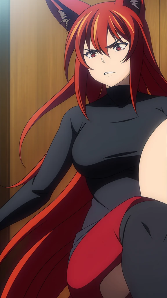 1girl ,20s,angry face,black bodysuit,(red hair),long hair,fox ears, sunny, park,