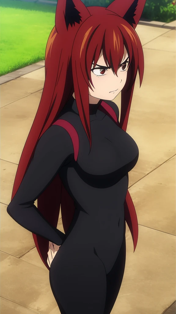 1girl ,20s,angry face,black bodysuit,(red hair),long hair,fox ears,grass