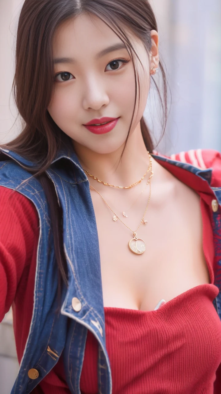 ((best quality)), ((masterpiece)), (detailed), perfect face, araffe woman in a long dark-blue shirt and blue denim skirt walking down a street, thicc,  wavy  short hair , she has a jiggly fat round belly, bbwchan, wearing tight simple clothes, skinny waist and thick hips, widest hips, her belly is fat and round, soft curvy shape, hyperrealistic full figure, wearing a cute top, wide hips, wearing 10 bracelet , wearing huge diamond necklace 