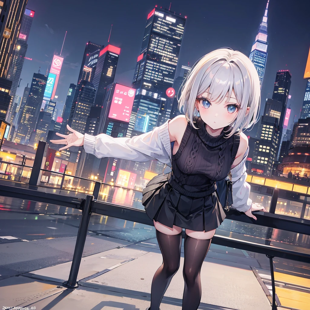 high quality,1 pretty girl,Model-like pose,Short Bob,Knitted sweater,mini skirt,black tights,Heel,Tokyo night view,