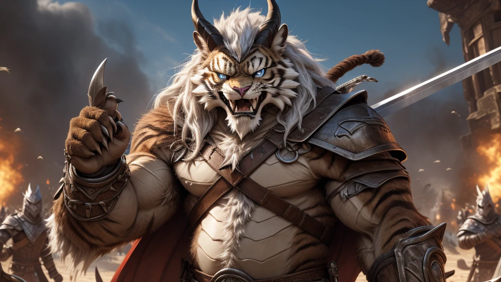 head、Animal cat face、A pair of dragon horns，Fluffy white hair all over the body、Heavy breathing、Gnashing of teeth,Serious expression,Fluffy belly、Leather Armor，Viking style，wildcat、blue eyes，(contour）The whole body is covered with long white hair、Hairy body、Long and thick armpit hair、Fangs、4K，War Background，Sharp claws、Capture the composition of the whole body、 A long sword，The right hand holds the hilt of the sword，Hand holding a sword，Claws holding the hilt，Sword holding gesture，HD